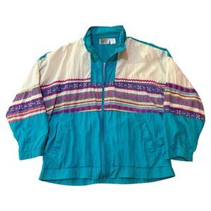 Vintage 80s Bold Spirit Nylon Track Suit Windbreaker Jacket Size L Teal Pattern